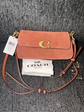 Coach Jet Shoulder Bag w/ 2 Straps Brass/Clay Suede & Refined Calf Leather NWT